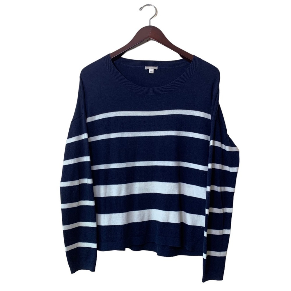 GAP Navy White Stripe Long Sleeve Cotton Blend Boat Neck Sweater Size L